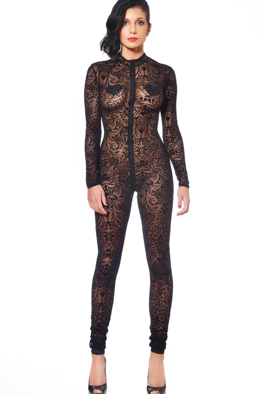 Patrice Catanzaro Sweety Combi Maori Fetish Catsuits in Black Mesh from SexyShoes.com
