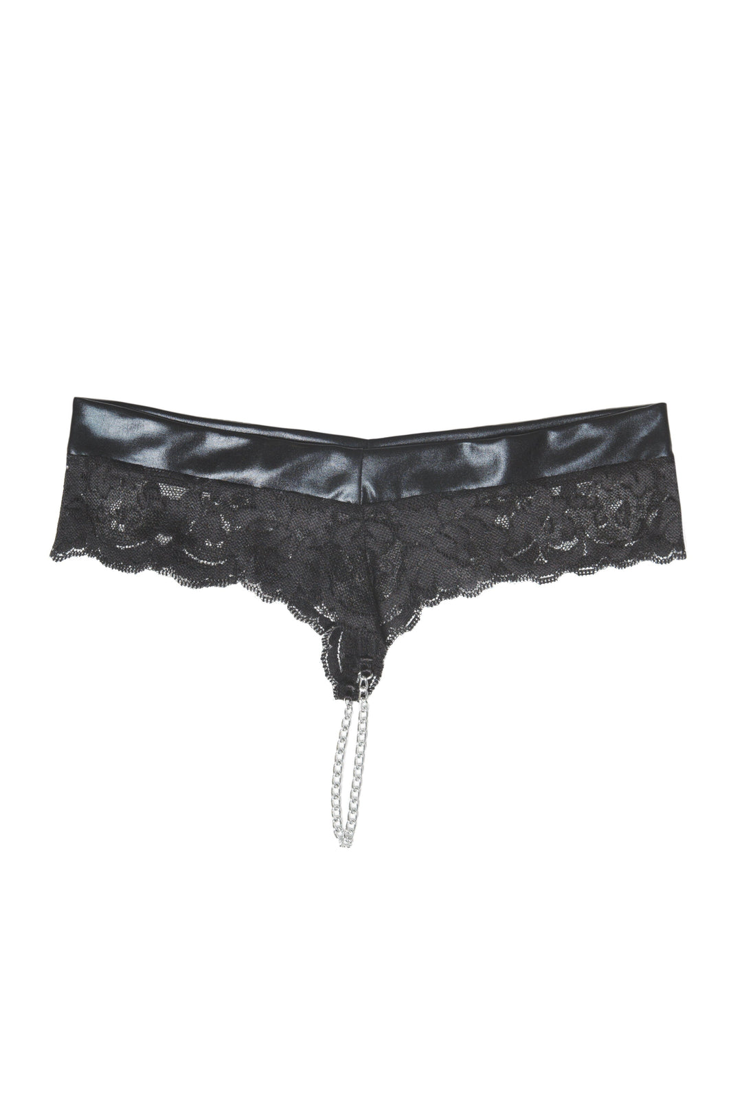 1 PC. Low Rise Wetlook & Scallop Lace Panty W/ Chain Crotch Detail-Panties-Coquette-Black-O/S-SEXYSHOES.COM