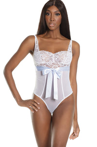 Coquette 1 PC. Stretch Lace And Mesh Shelf Bra Teddy With Attached Ribbon Sash in White  from SexyShoes.com