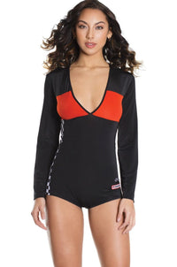 Coquette 1 Pc. Racer Long Sleeve Stretch Knit Romper With Patches in Black  from SexyShoes.com