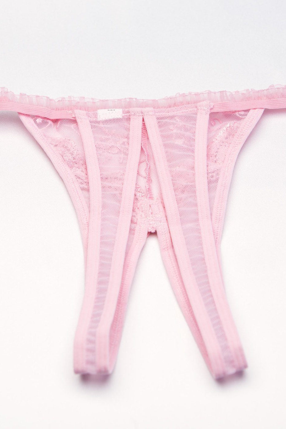 Shirley of Hollywood Embroidery Open Front Thong in Pink  from SexyShoes.com