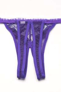 Shirley of Hollywood Embroidery Open Front Thong in Purple  from SexyShoes.com