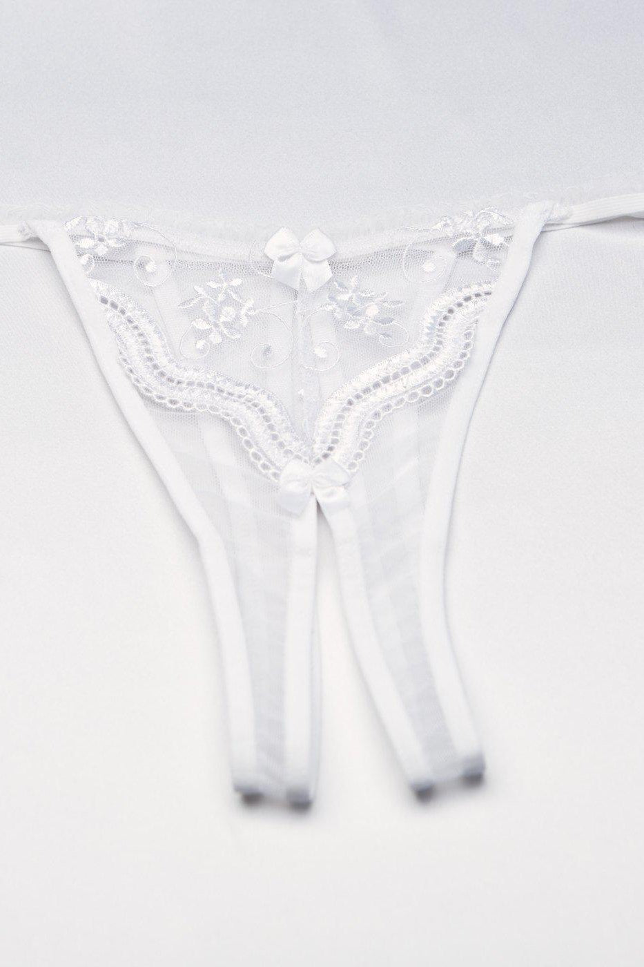 Shirley of Hollywood Embroidery Open Front Thong in White  from SexyShoes.com
