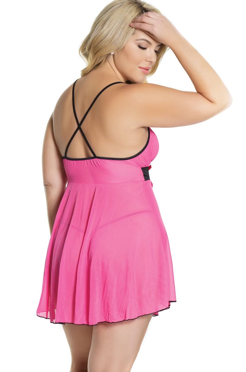 2 PC. Gathered Mesh Babydoll With Crisscross Strap | Plus Size-Babydolls-Coquette-Fuchsia-Q-SEXYSHOES.COM