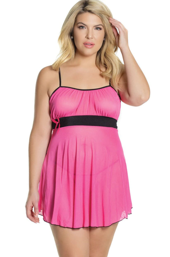 2 PC. Gathered Mesh Babydoll With Crisscross Strap | Plus Size-Babydolls-Coquette-Fuchsia-Q-SEXYSHOES.COM