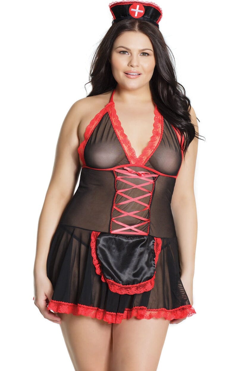 2 Pc. Mesh Babydoll With Center Front Lace Up & Lace Trim Detail | Plus Size-Babydolls-Coquette-Black-Q-SEXYSHOES.COM