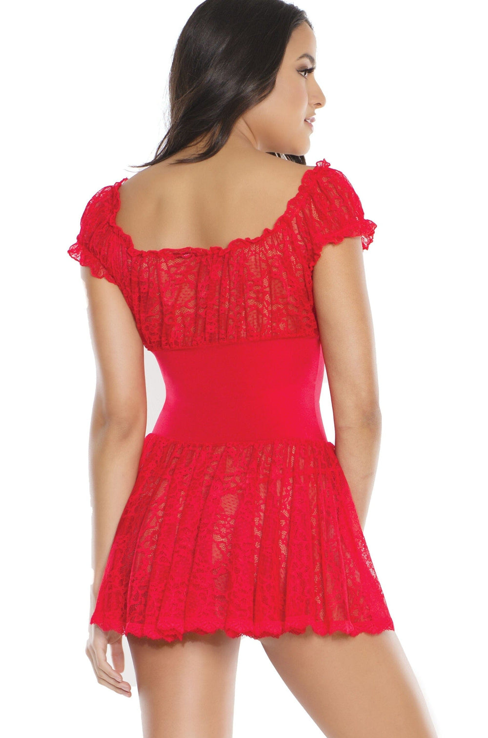 2 Pc. Stretch Lace Babydoll With Stretch Knit Waistband & Lace Trimmed Skirt-Babydolls-Coquette-Red-O/S-SEXYSHOES.COM