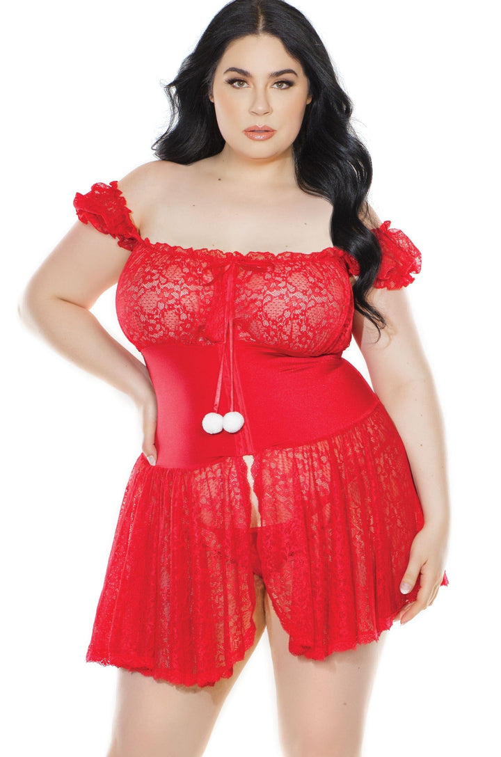 2 Pc. Stretch Lace Babydoll With Stretch Knit Waistband & Lace Trimmed Skirt | Plus Size-Babydolls-Coquette-Red-Q-SEXYSHOES.COM