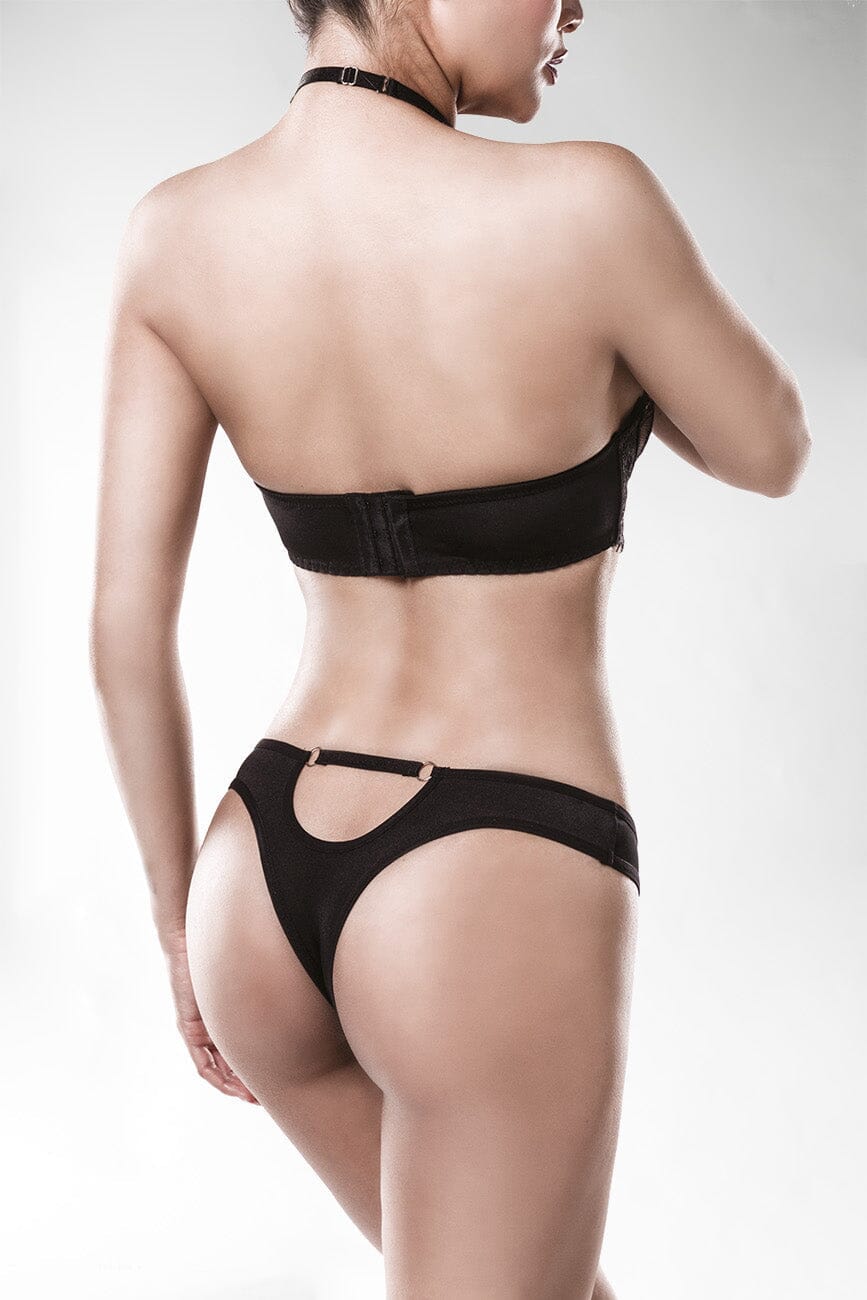 Grey Velvet 2 Piece Keyhole Halter Bra Set in Black 