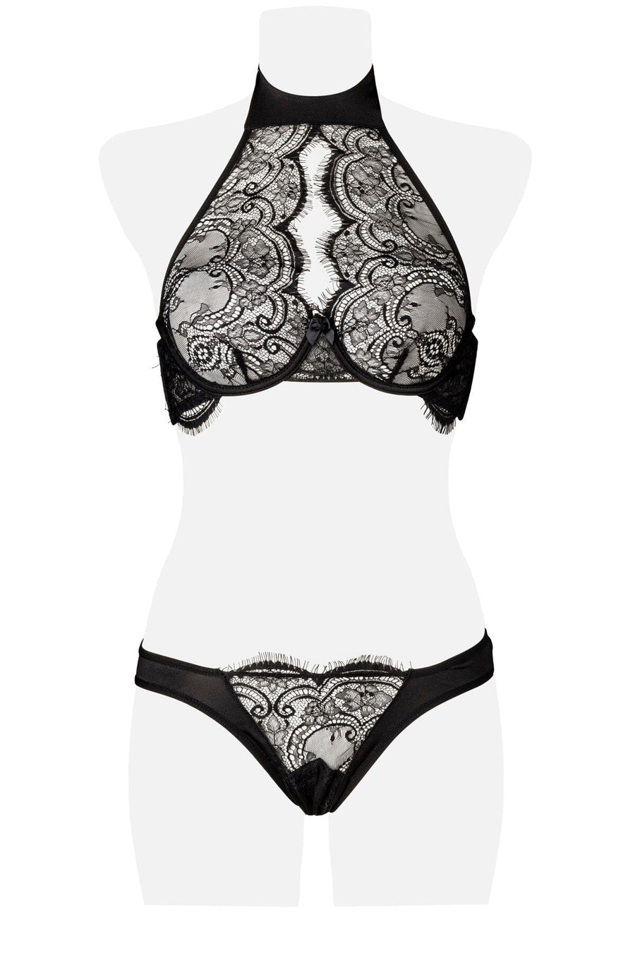Grey Velvet 2 Piece Keyhole Halter Bra Set in Black 