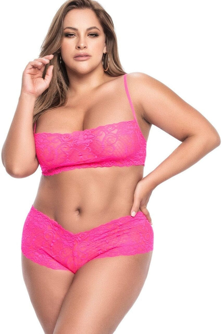 2 Piece Lace Bralette And Boy Short Set-Lingerie Sets-Mapale-Fuchsia-1/2XL-SEXYSHOES.COM