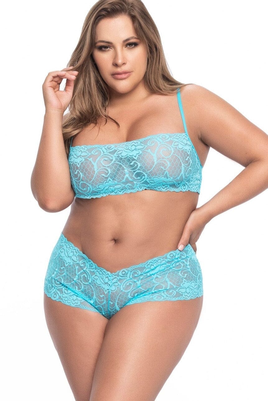 2 Piece Lace Bralette And Boy Short Set-Lingerie Sets-Mapale-Turquoise-1/2XL-SEXYSHOES.COM