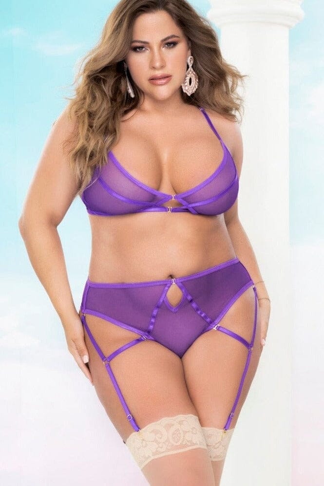 2 Piece Mesh Bra And Garter Set-Lingerie Sets-Mapale-Purple-1/2XL-SEXYSHOES.COM