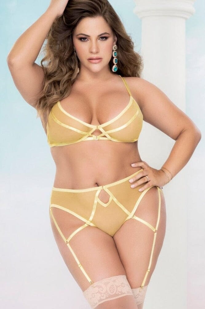2 Piece Mesh Bra And Garter Set-Lingerie Sets-Mapale-Yellow-1/2XL-SEXYSHOES.COM