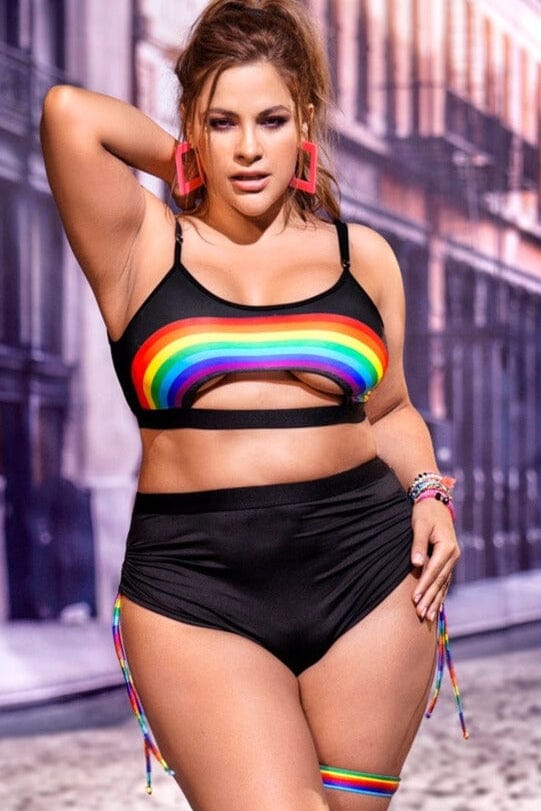 2 Piece Open Cutout Underbust Boy Shorts Set | Plus Size-Lingerie Sets-Mapale-Black-1/2XL-SEXYSHOES.COM