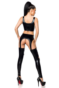 Saresia 2 Piece Wetlook Top & Chaps Leggings Set in Black 