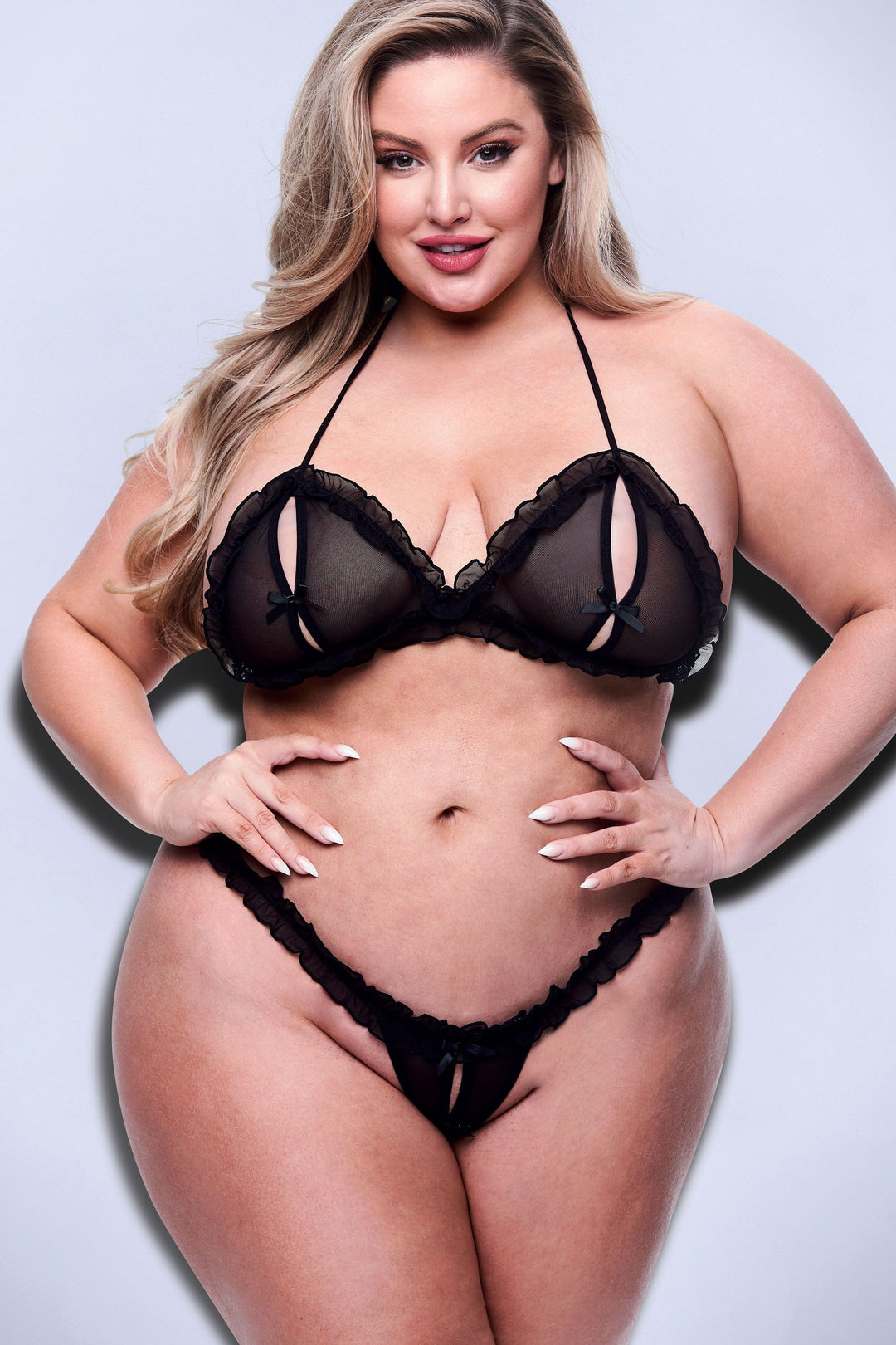 2Pc Peek-A-Boo Bra & Crotchless G-String Set | Plus Size-Lingerie Sets-Baci Lingerie-Black-Q-SEXYSHOES.COM