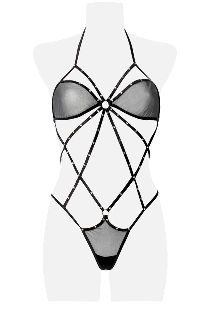 3 Piece Caged Body Harness Set-Fetish Sets-Grey Velvet-Black-O/S-SEXYSHOES.COM