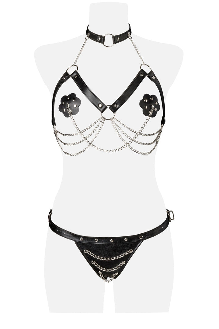 3 Piece Choker Necklace Bra Set w/Hanging Chains-Fetish Sets-Grey Velvet-SEXYSHOES.COM