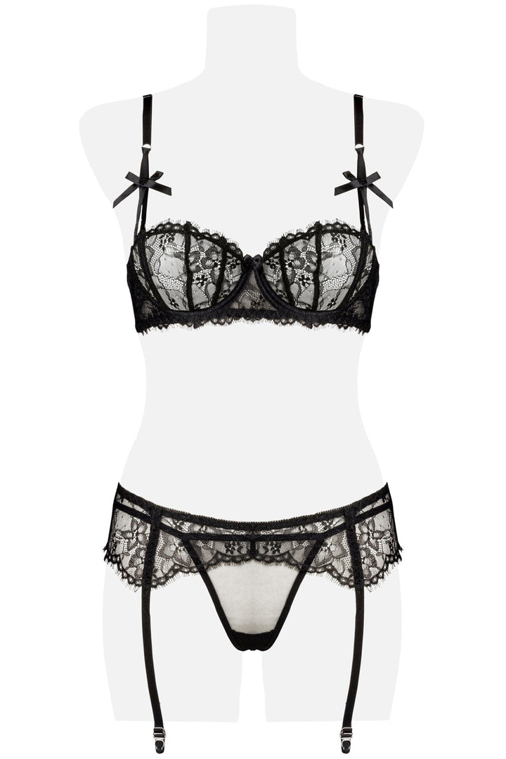 3 Piece Suspender Balconette Bra w/Bows and Garter Set-Fetish Sets-Grey Velvet-SEXYSHOES.COM