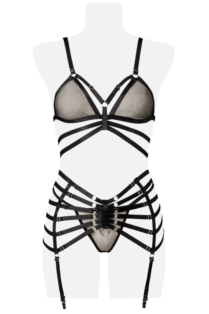 3 Piece Suspender Bra & Caged Harness Set-Fetish Sets-Grey Velvet-SEXYSHOES.COM