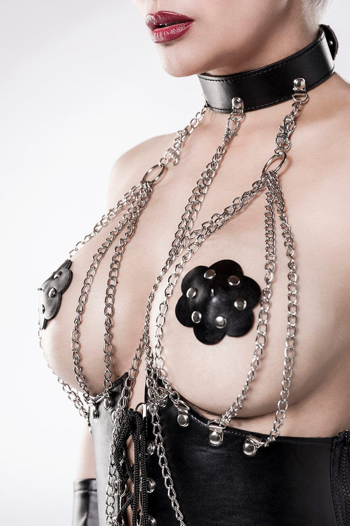4 Piece Chain Halter Bra w/Corset & Bikini Bottoms-Fetish Corsets-Grey Velvet-SEXYSHOES.COM