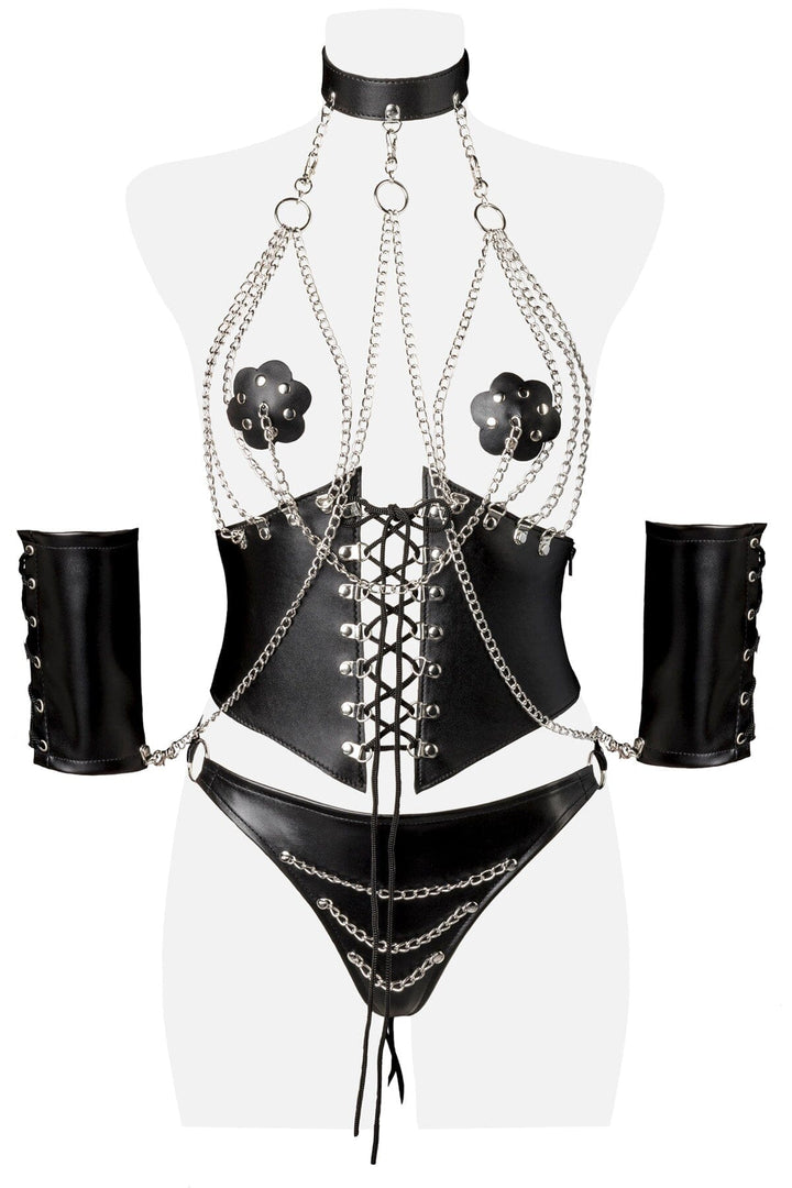 4 Piece Chain Halter Bra w/Corset & Bikini Bottoms-Fetish Corsets-Grey Velvet-SEXYSHOES.COM