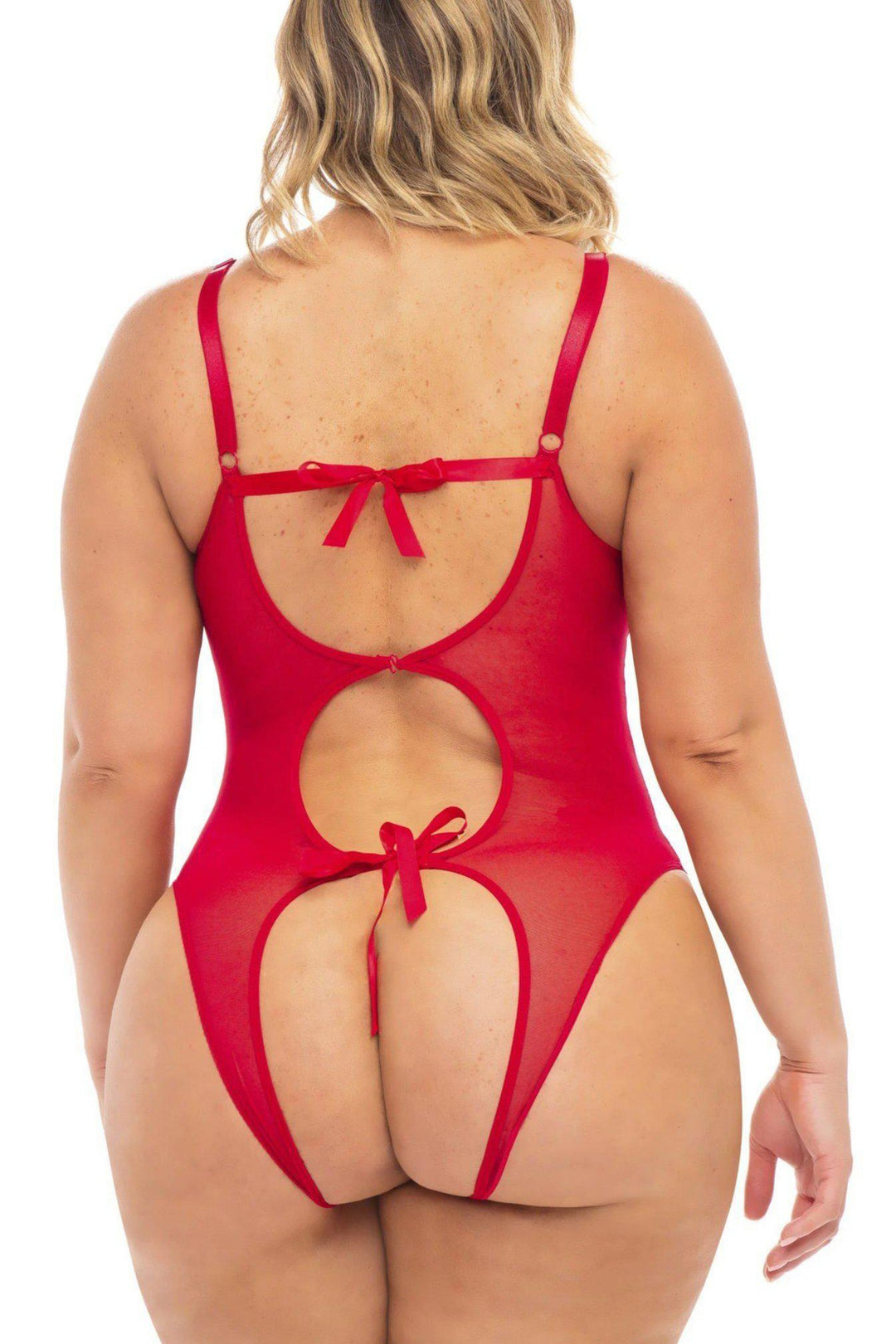 Plus Size Open Cup, Crotchless Functional Tie Teddy-Plus Teddy-Oh La La Cheri-Red-SEXYSHOES.COM