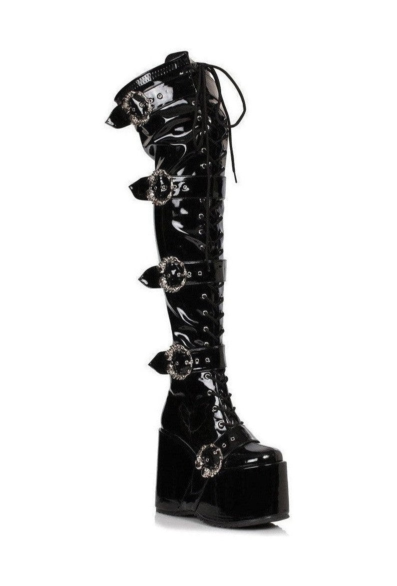 Ellie Shoes Ellie Shoes 500 KAMORA Chunky Platform Thigh High Stretch Boot w/Buckles in Black Faux Leather from SexyShoes.com