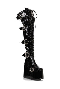 Ellie Shoes Ellie Shoes 500 KAMORA Chunky Platform Thigh High Stretch Boot w/Buckles in Black Faux Leather from SexyShoes.com