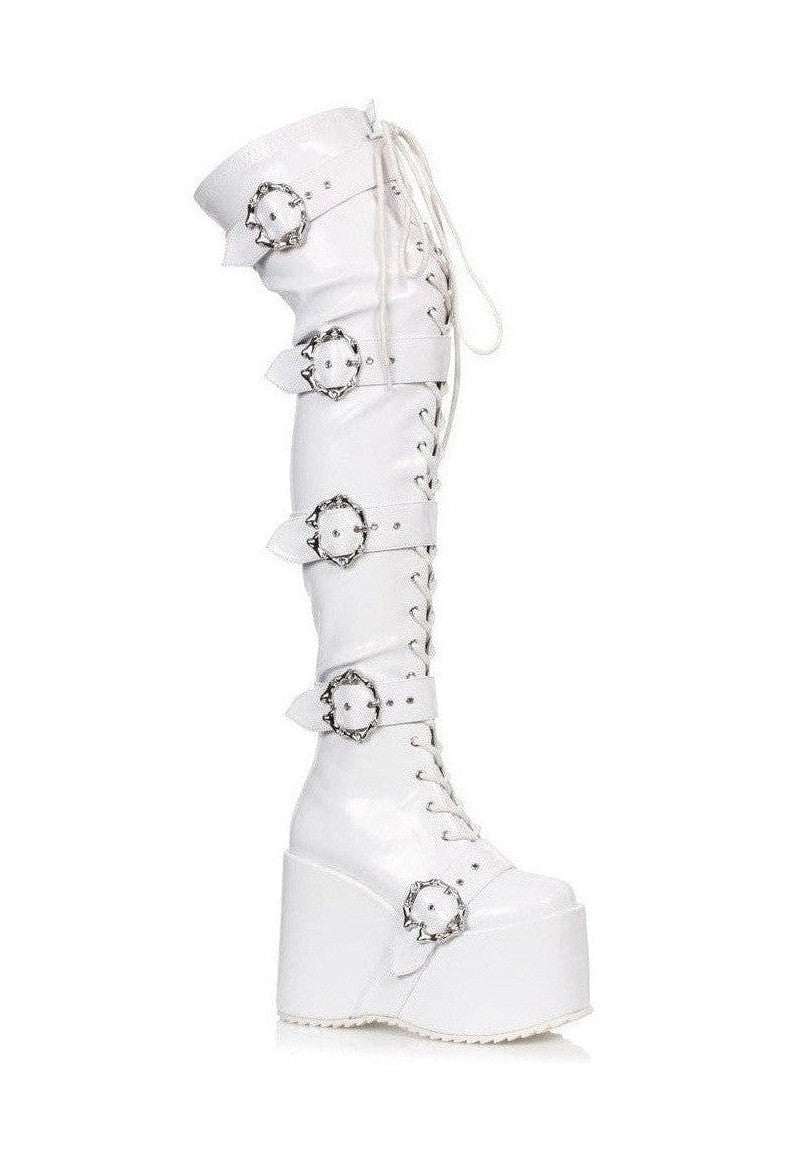 Ellie Shoes Ellie Shoes 500 KAMORA Chunky Platform Thigh High Stretch Boot w/Buckles in White Faux Leather from SexyShoes.com