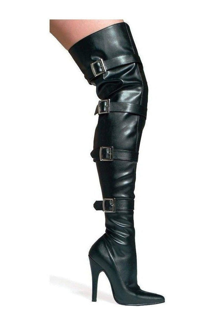 511-BUCKLEUP Thigh Boot | Black Faux Leather-Thigh Boots- Stripper Shoes at SEXYSHOES.COM