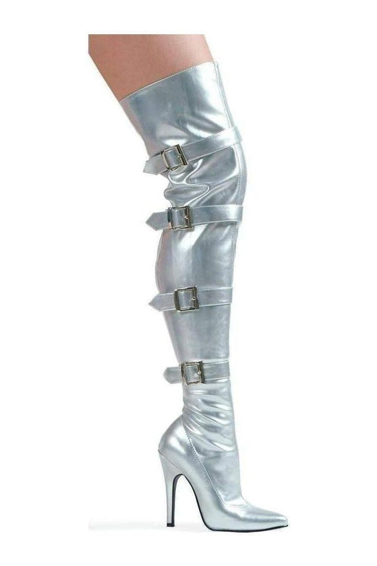 511-BUCKLEUP Thigh Boot | Silver Faux Leather-Thigh Boots- Stripper Shoes at SEXYSHOES.COM