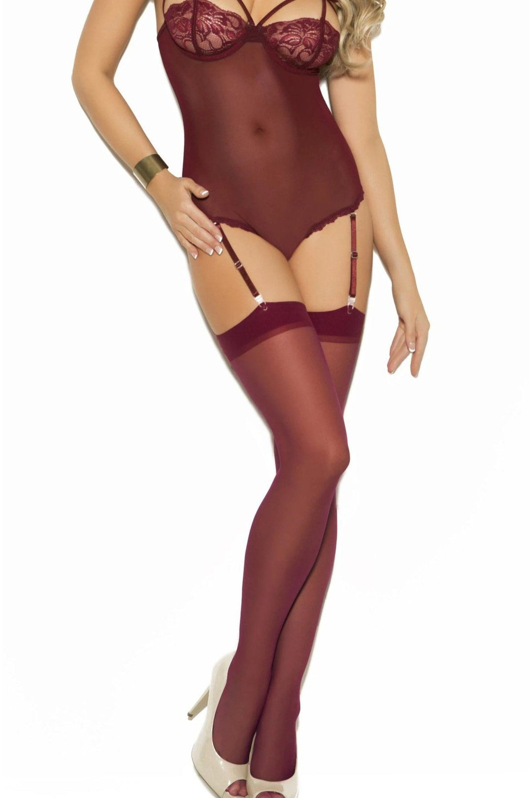 Plus Size Sheer Stockings-Thigh High Hosiery-Elegant Moments-Burgundy-SEXYSHOES.COM