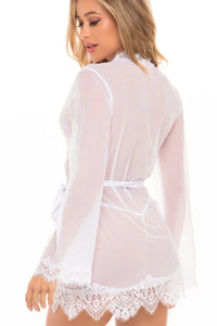 Oh La La Cheri Eyelash Lace Robe With Satin Sash + G String in White 