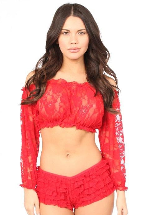 Red Sheer Lace Long Sleeve Peasant Top by Daisy