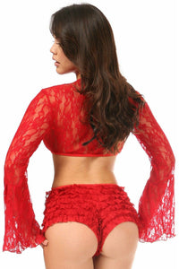 Red Sheer Lace Bell Sleeve Peasant Top-Peasant Tops-SEXYSHOES.COM