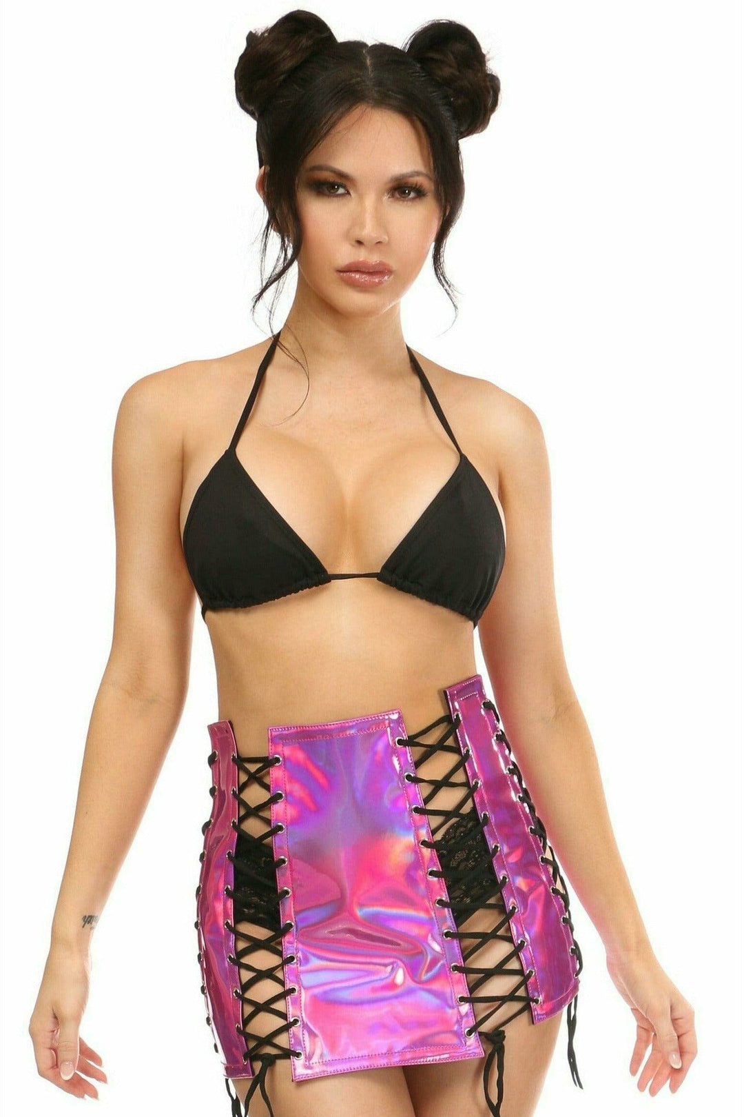Daisy Corsets Fuchsia Holo Lace Up Skirt in Fuchsia  from SexyShoes.com