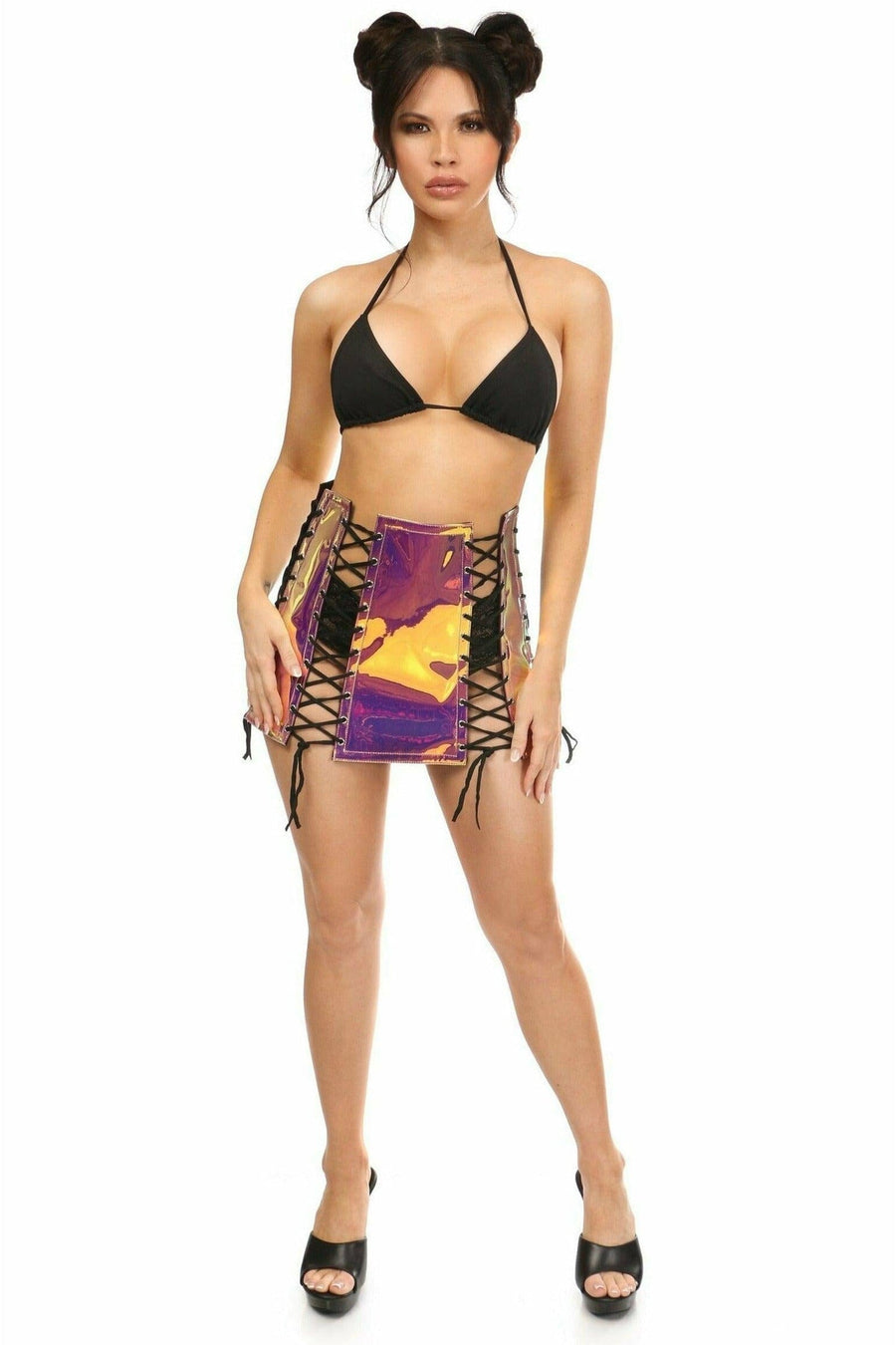 Daisy Corsets Rainbow Gold Holo Lace Up Skirt in Rainbow 