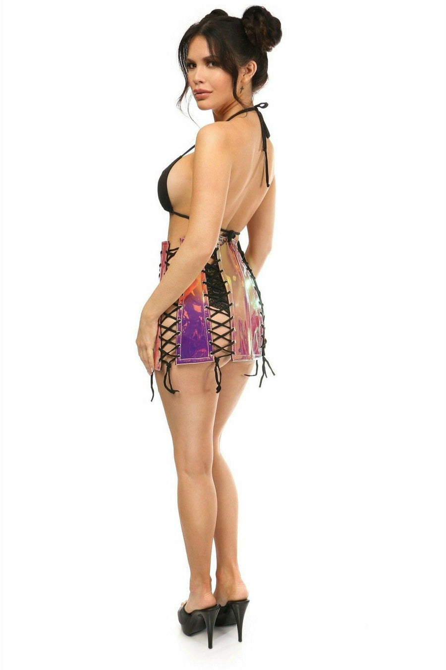 Daisy Corsets Rainbow Gold Holo Lace Up Skirt in Rainbow 
