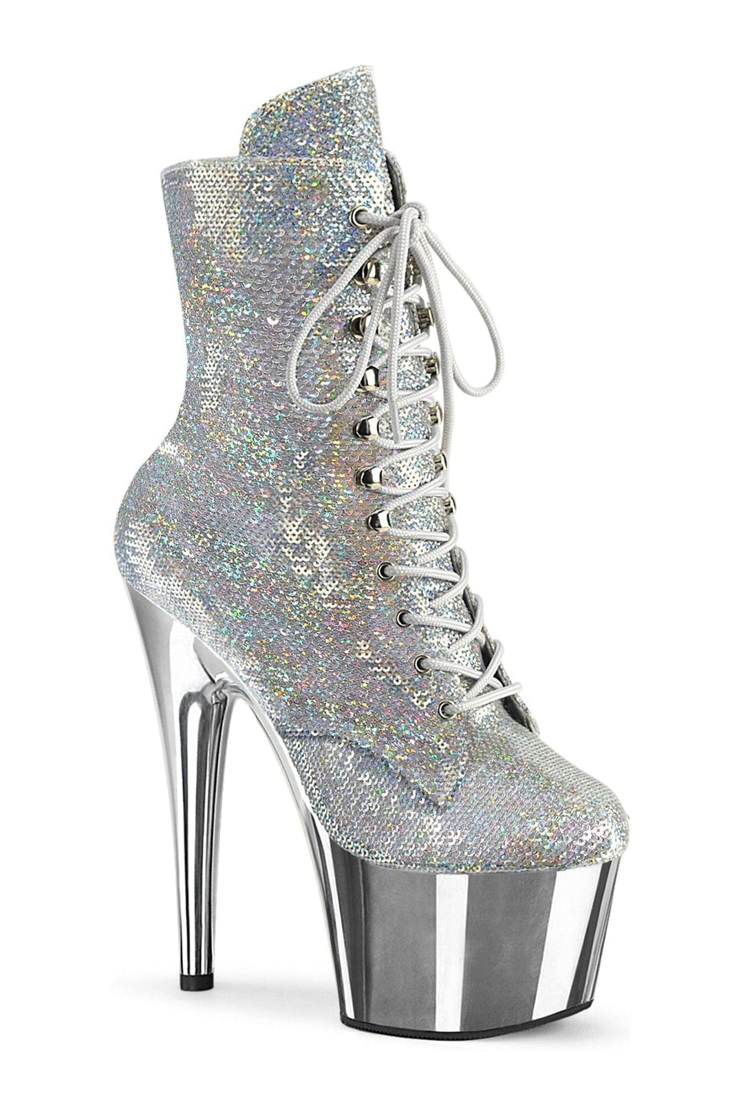Pleaser ADORE-1020SQ-02 Silver Sequins Ankle Boot in Silver Sequins from SexyShoes.com
