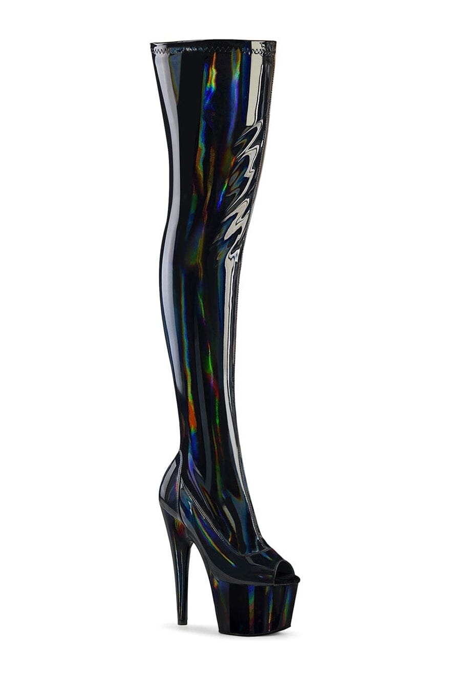 Pleaser ADORE-3011HWR Black Hologram Thigh Boot in Black Hologram from SexyShoes.com