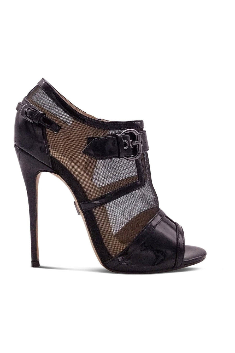 Sexyshoes Signature Mesh Open Toe Stiletto Bootie with Buckle in Black Patent