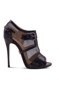Sexyshoes Signature Mesh Open Toe Stiletto Bootie with Buckle in Black Patent