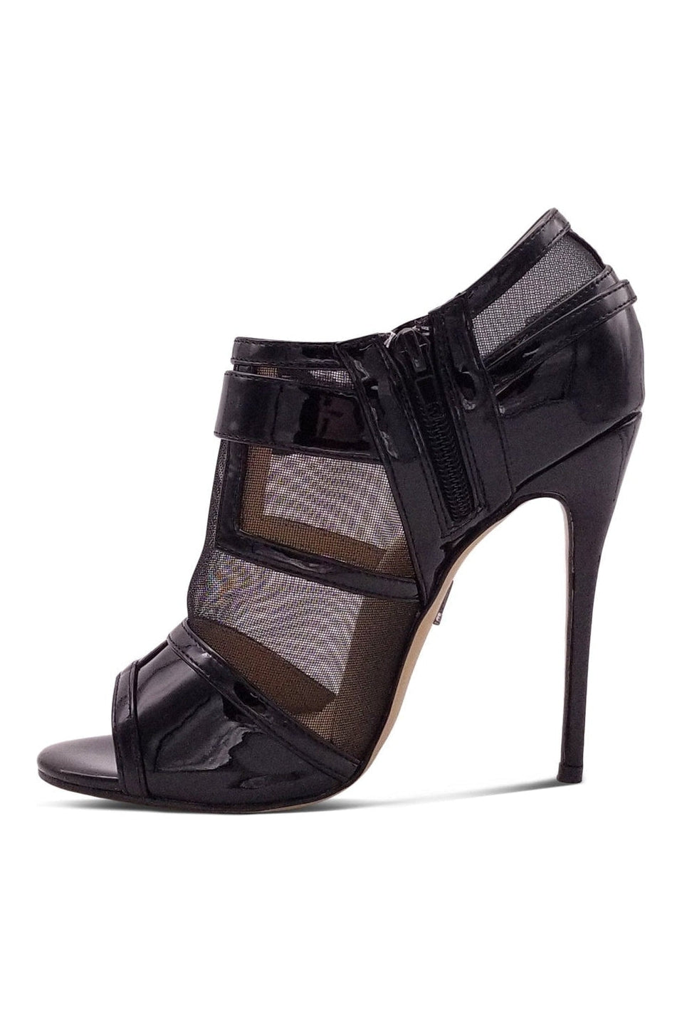 Sexyshoes Signature Mesh Open Toe Stiletto Bootie with Buckle in Black Patent