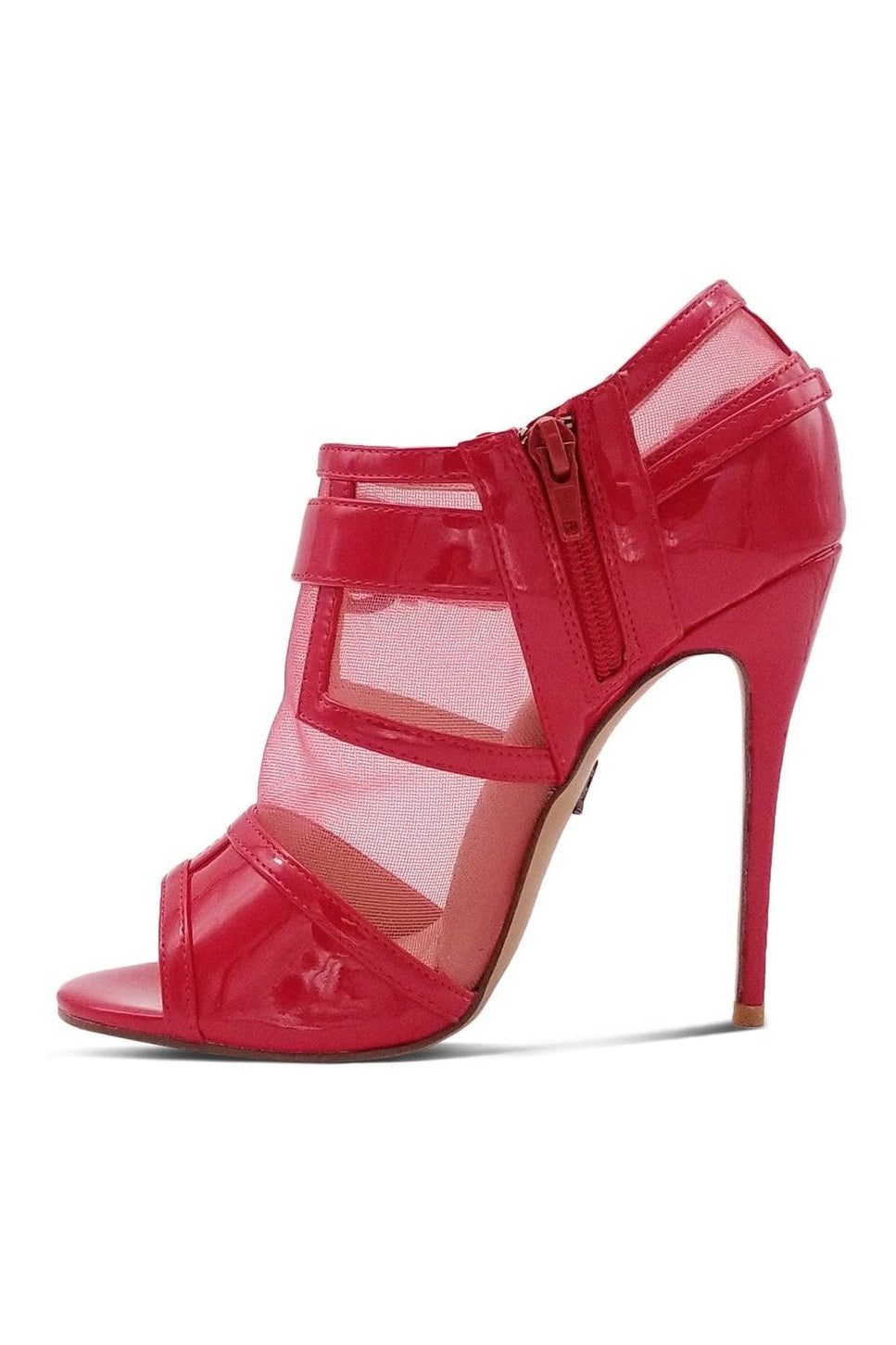 Sexyshoes Signature Mesh Open Toe Stiletto Bootie with Buckle in Red Patent