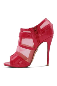 Sexyshoes Signature Mesh Open Toe Stiletto Bootie with Buckle in Red Patent