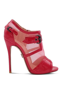 Sexyshoes Signature Mesh Open Toe Stiletto Bootie with Buckle in Red Patent