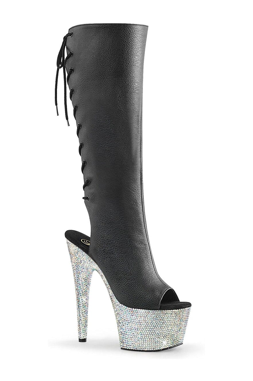Pleaser BEJEWELED-2018-7 Black Faux Leather Knee Boot in Black Faux Leather from SexyShoes.com