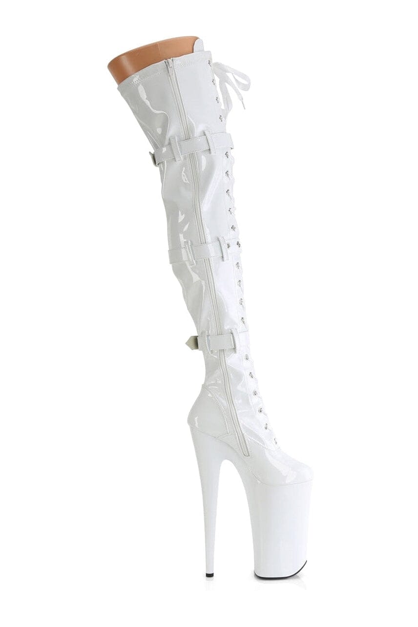 Pleaser BEYOND-3028 White Patent Thigh Boot in White Patent